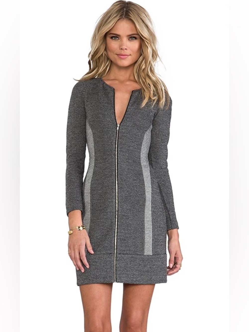 Theory Wool Blend Grey Cityscape Long-Sleeve Zip-Up Stretch Knit Dress Women 12